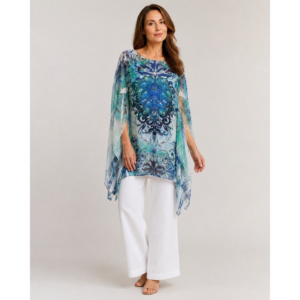 Cal Style USA Tunic Top Womens Large Blue Green Mandala Rhinestone Fairy Boho